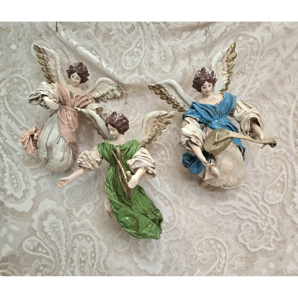 Hanging Angel Ornaments Set Of 3 Resin Cloth Christmas Large Multicolor Decor